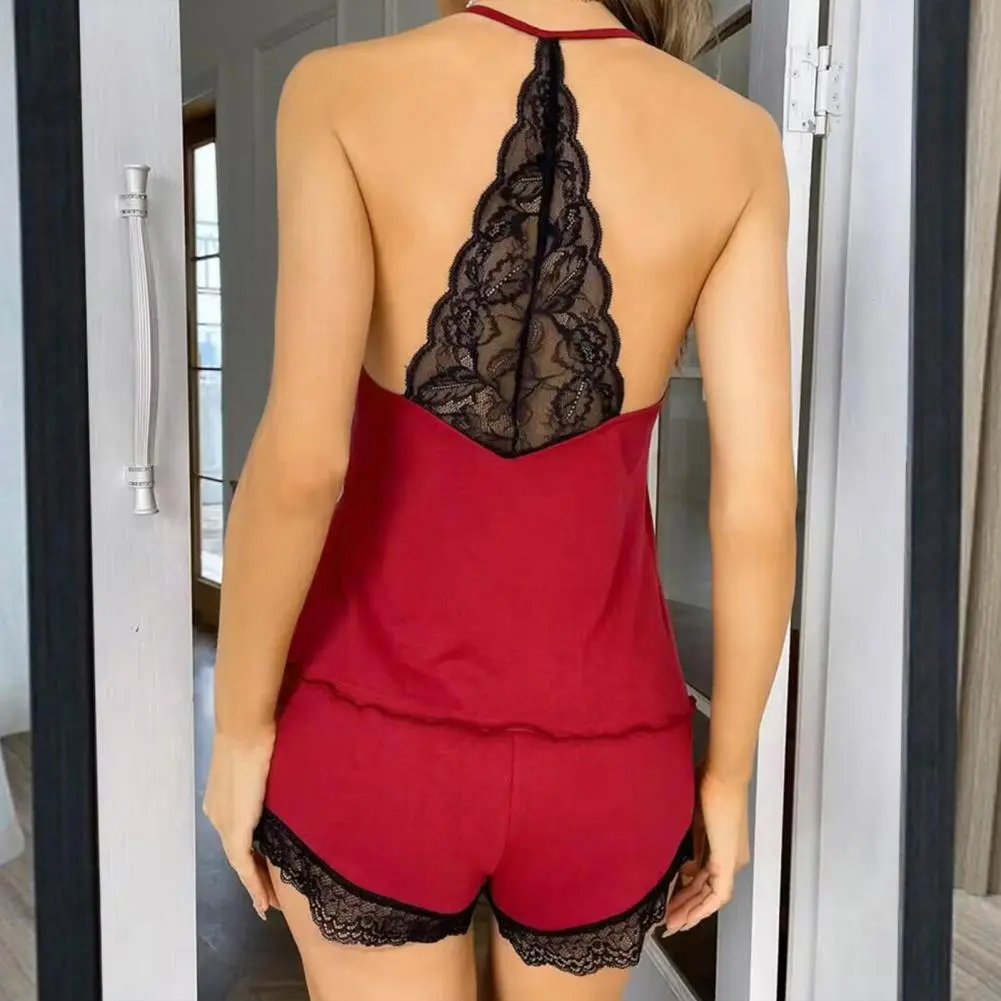 Women Pajama Set Lace Spaghetii Strap Lady Homewear Top Shorts Set V Neck Vest Elastic Waist Shorts Set Sleepwear Loungewear