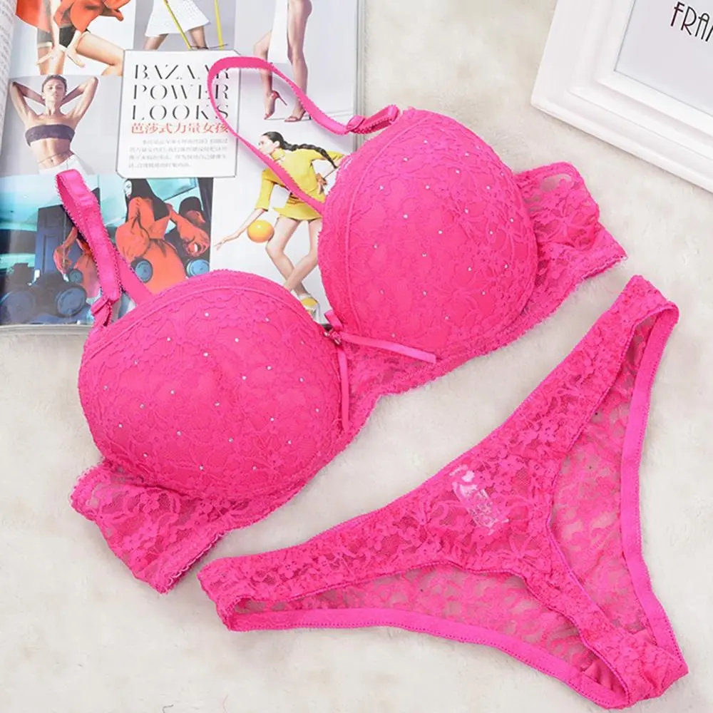 Rhinestone Women Lace Bra G-string Set Sexy Lingerie Woman Lace Transparent Underwear Embroidery Push Up Brassiere Brief Sets