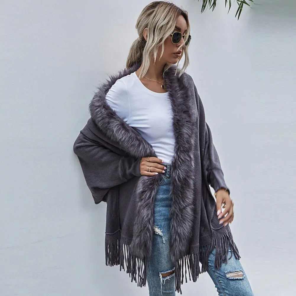 Batwing Women	Shawl Cardigan French Style Artificial Fur Collar Tassel Hem Open Stitch Mid-Length Shawl Coat Knitting Poncho