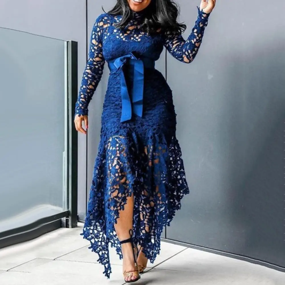 Bowtie Women Lace Dress 2024 Autumn Long Sleeve Stain Bow Belted Irregular Hem Hollow Out Sexy Bodycon Dress Evening Party Dress