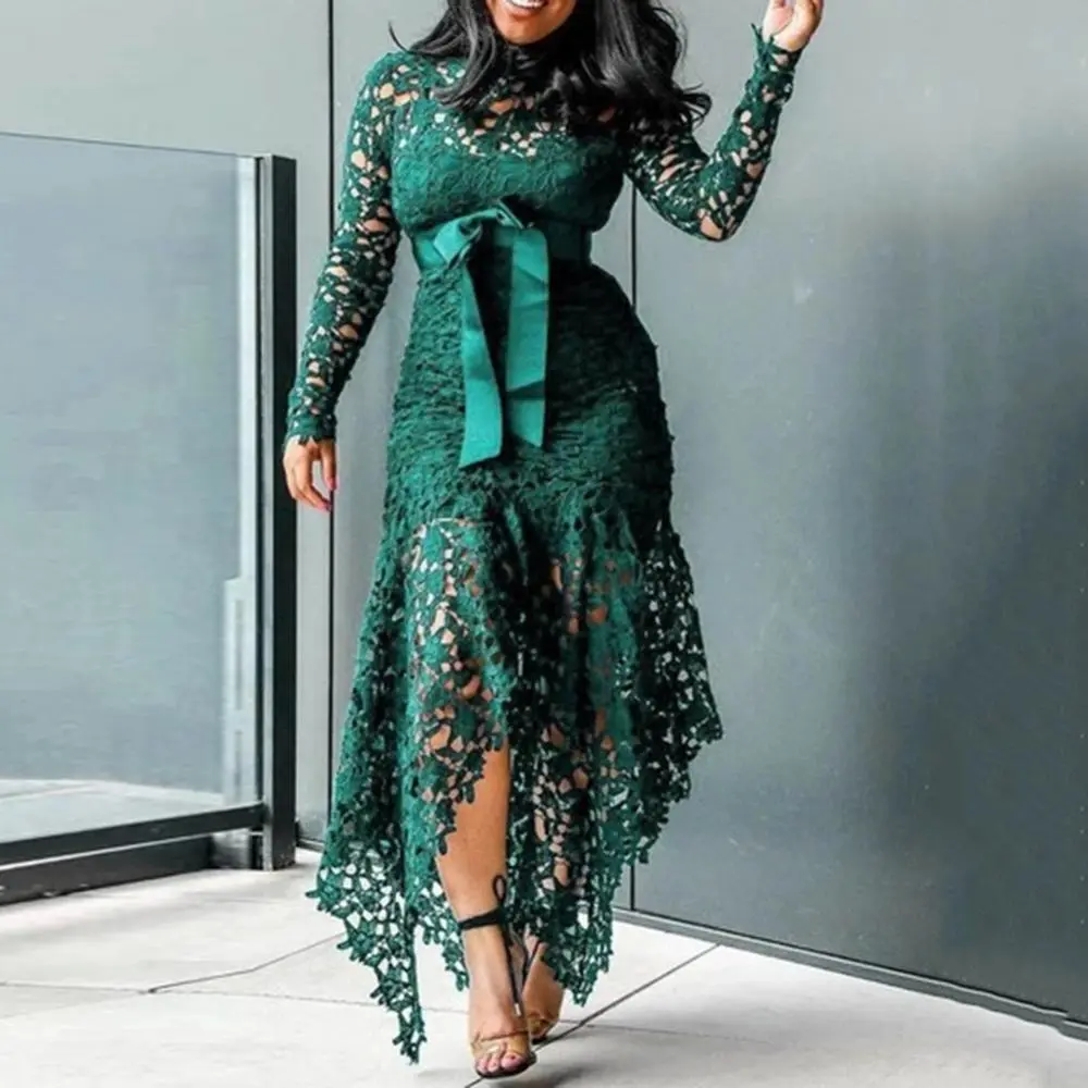 Bowtie Women Lace Dress 2024 Autumn Long Sleeve Stain Bow Belted Irregular Hem Hollow Out Sexy Bodycon Dress Evening Party Dress