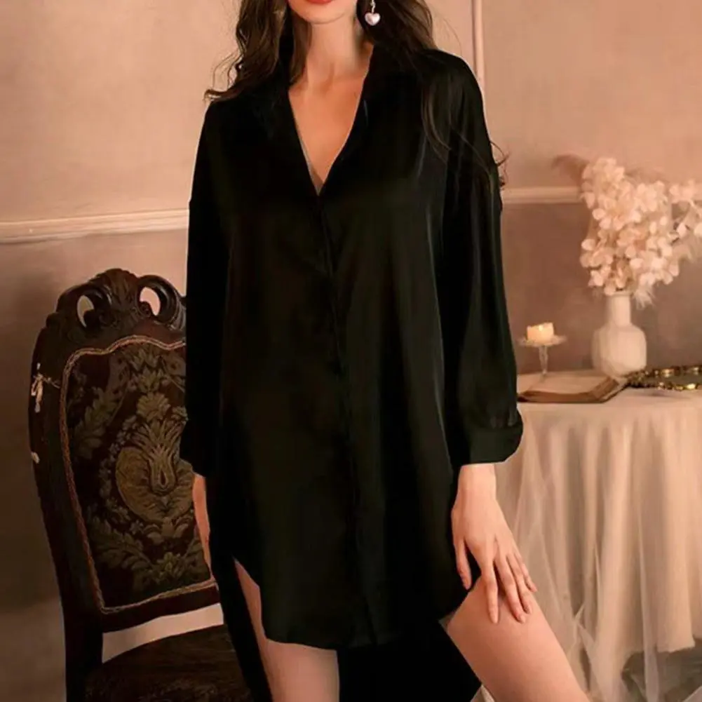 Sexy Satin Nightdress Boyfriend Style Women Sleepshirt Oversized Loose Single-breasted Irregular Hem Sleeping Dress Lingeries