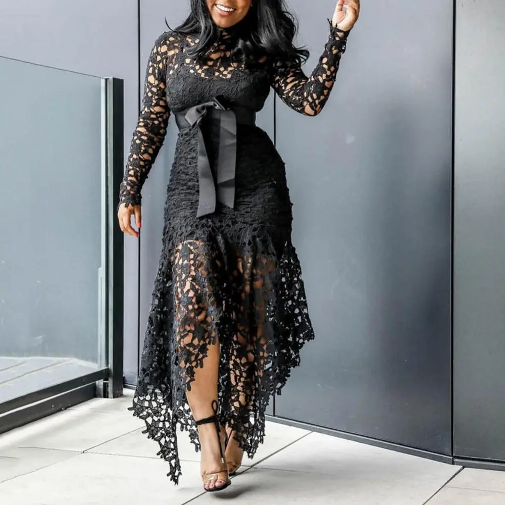 Bowtie Women Lace Dress 2024 Autumn Long Sleeve Stain Bow Belted Irregular Hem Hollow Out Sexy Bodycon Dress Evening Party Dress