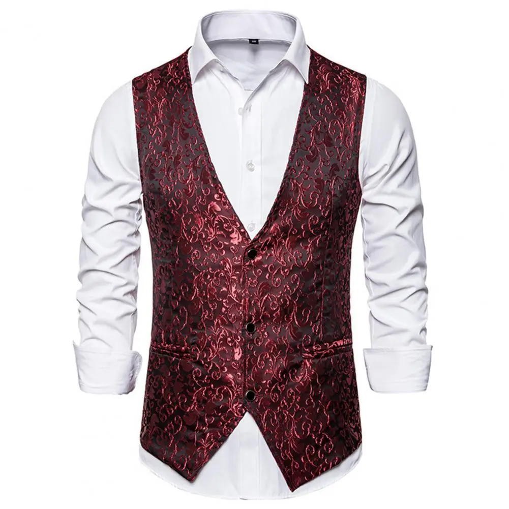 Men Vest Jacquard Single-breasted Spring Autumn Slim Suit Wedding Vest Men Straight V Neck Stage Costumes Vest chaleco hombre