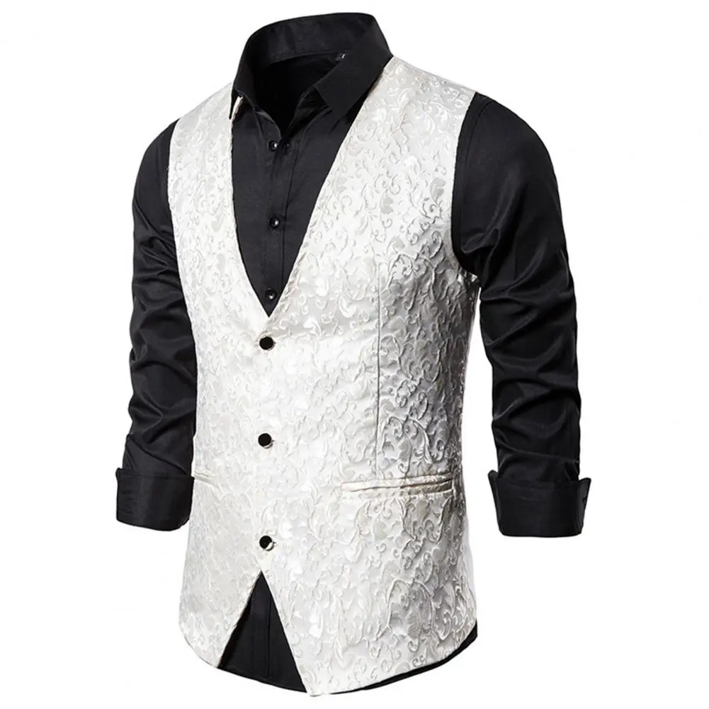 Men Vest Jacquard Single-breasted Spring Autumn Slim Suit Wedding Vest Men Straight V Neck Stage Costumes Vest chaleco hombre