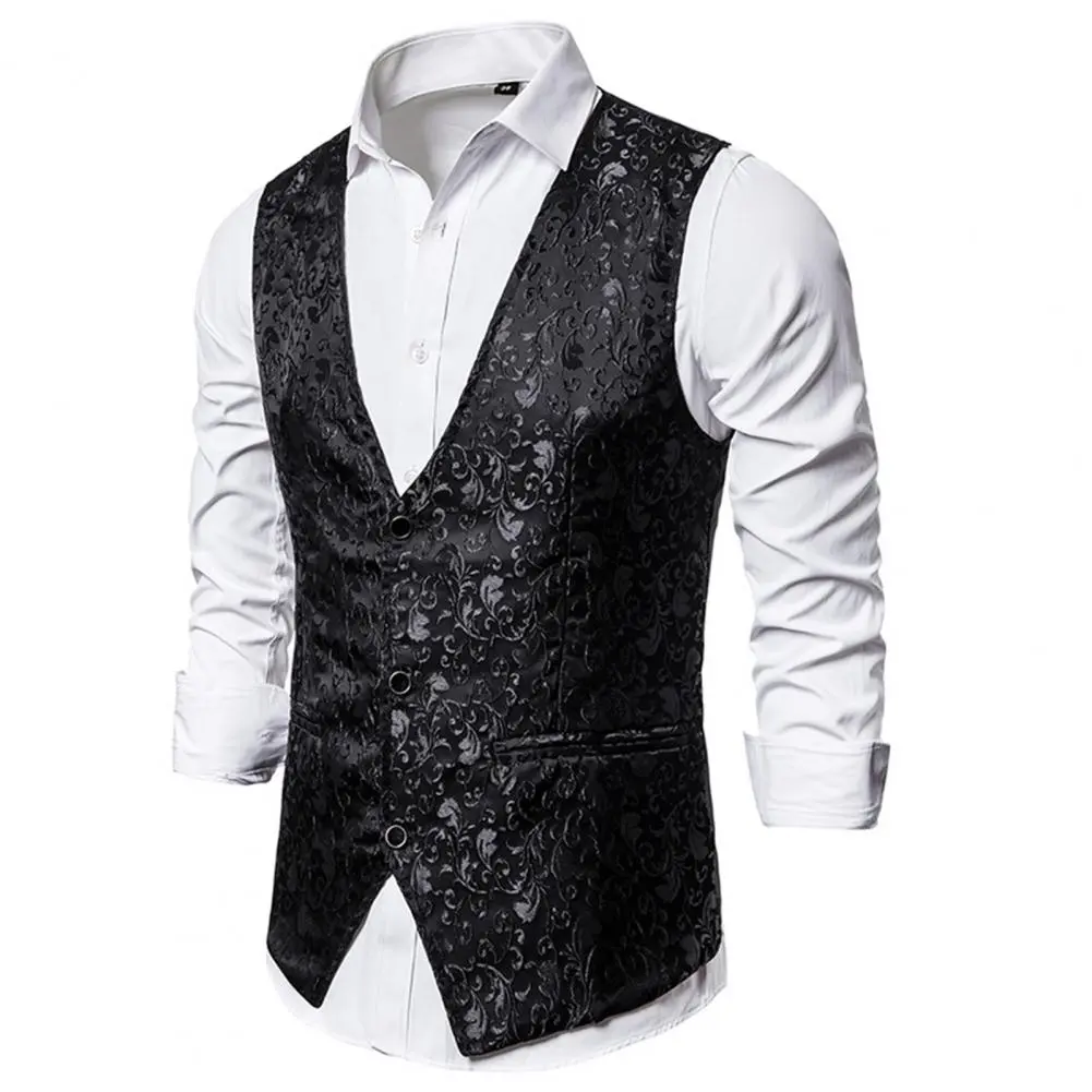Men Vest Jacquard Single-breasted Spring Autumn Slim Suit Wedding Vest Men Straight V Neck Stage Costumes Vest chaleco hombre