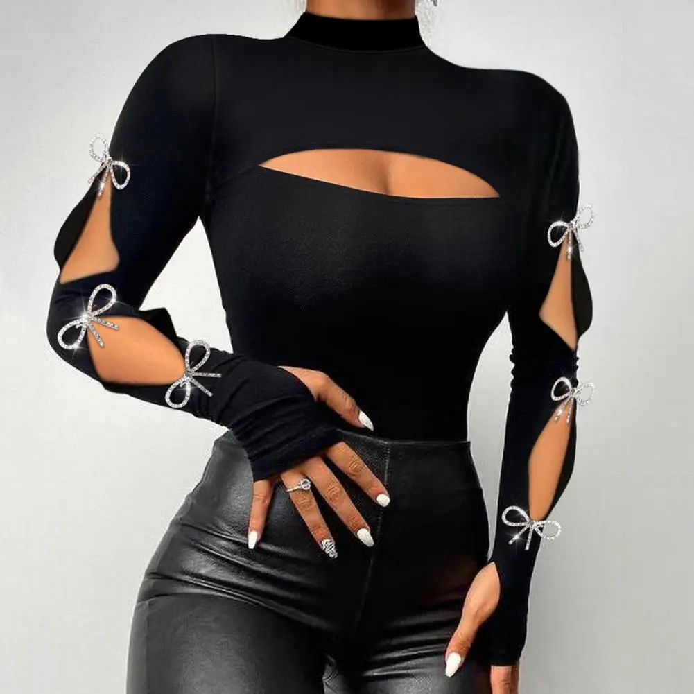 Woman Sexy Blouse Mock Neck Square Collar  Long Sleeve Lace Stitching Beads Spring Autumn Blouse Slim Fit Long Sleeve Tee Shirt