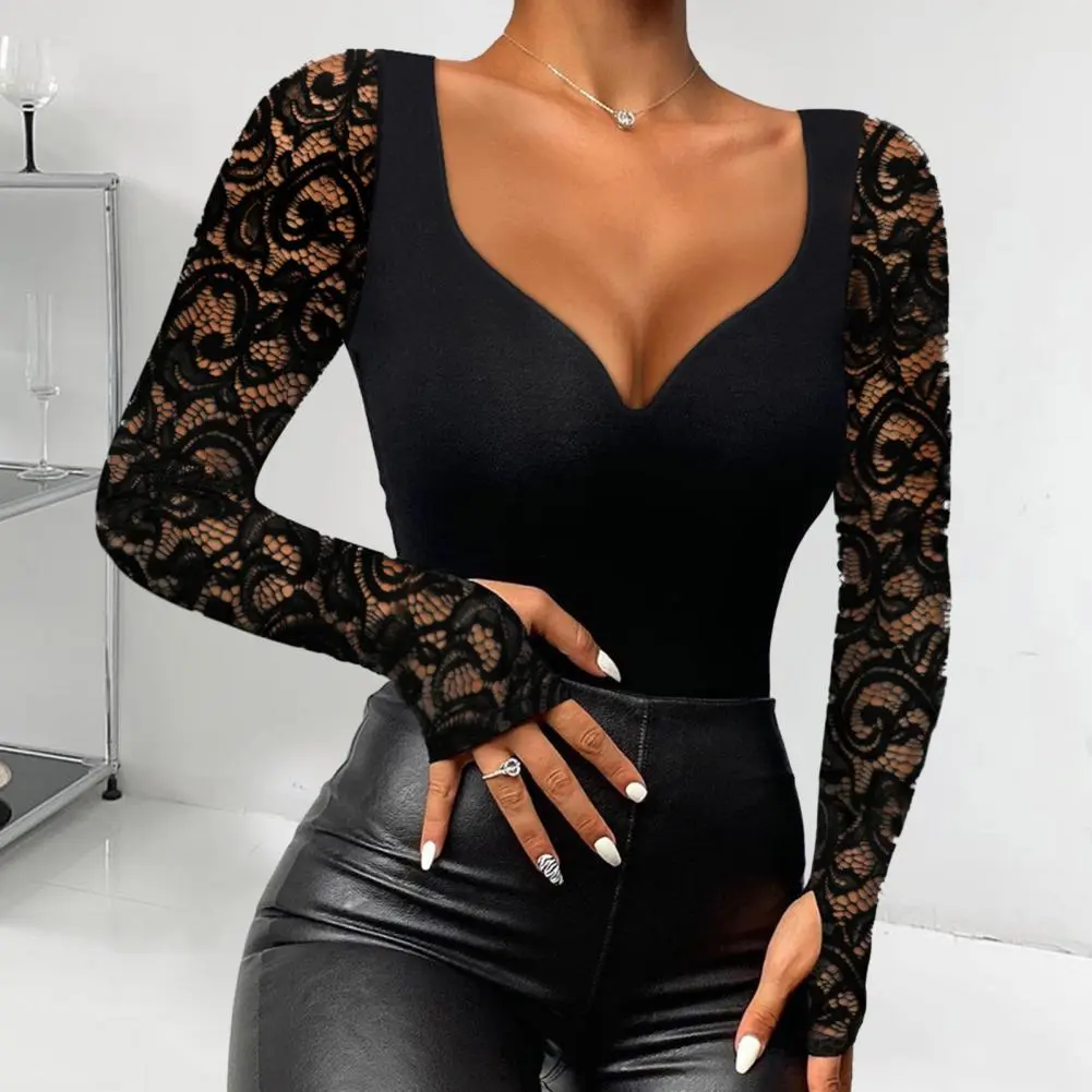 Woman Sexy Blouse Mock Neck Square Collar  Long Sleeve Lace Stitching Beads Spring Autumn Blouse Slim Fit Long Sleeve Tee Shirt