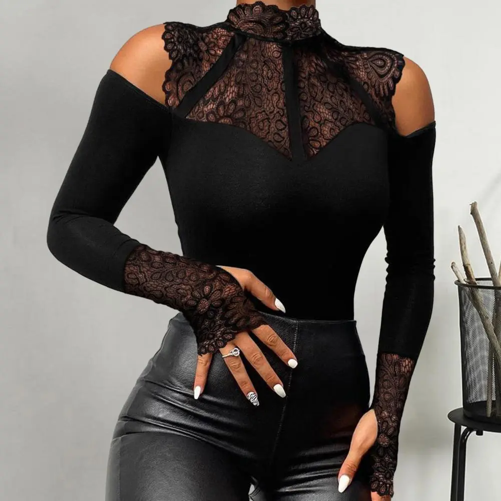 Woman Sexy Blouse Mock Neck Square Collar  Long Sleeve Lace Stitching Beads Spring Autumn Blouse Slim Fit Long Sleeve Tee Shirt