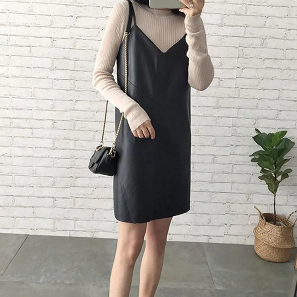 PU Leather Outerwear Dress Sleeveless V Neck Spaghetti Straps Leather Mini Dress Sexy Korean Fashion Dress for Sweater T-shirts