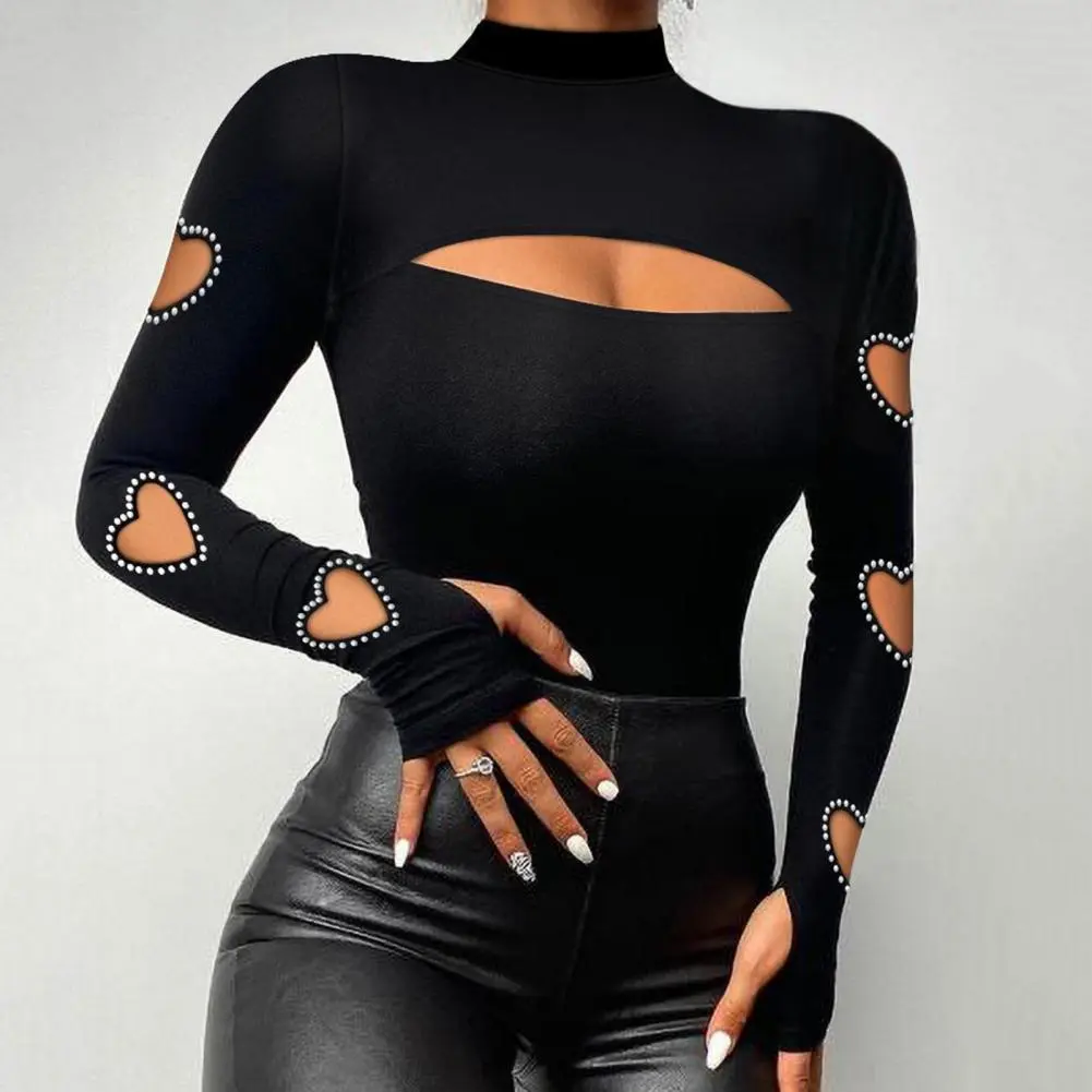Woman Sexy Blouse Mock Neck Square Collar  Long Sleeve Lace Stitching Beads Spring Autumn Blouse Slim Fit Long Sleeve Tee Shirt