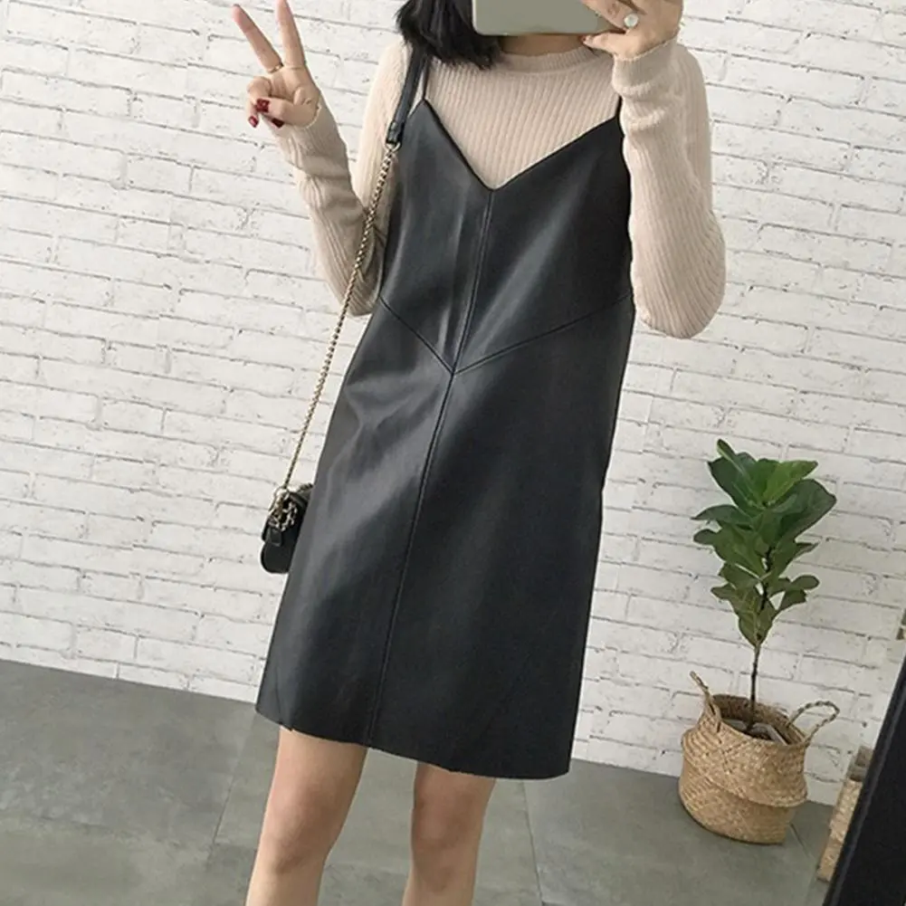 PU Leather Outerwear Dress Sleeveless V Neck Spaghetti Straps Leather Mini Dress Sexy Korean Fashion Dress for Sweater T-shirts
