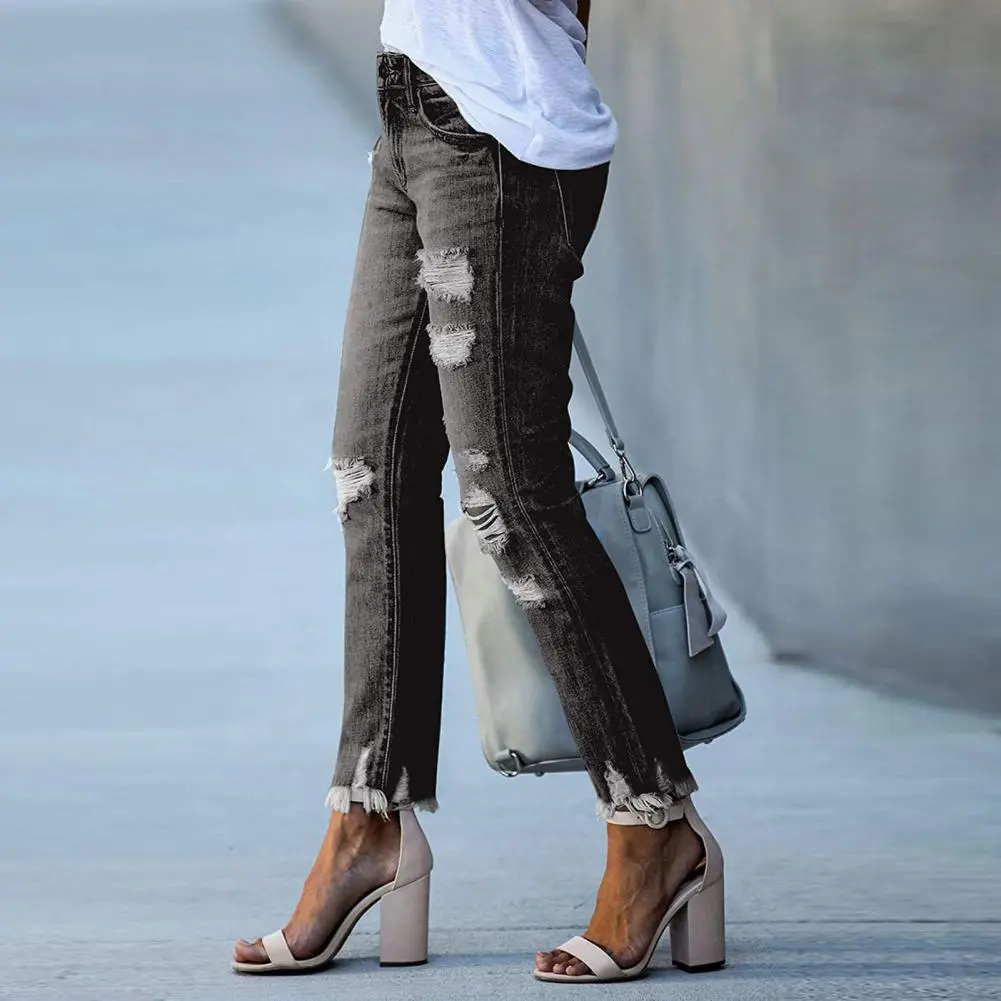 2025 Women's Skinny Ripped Jeans Mid Rise Distressed Destroyed Denim Pants Stretchy Slim Fit Cropped Jeans Female Jeans Trousers