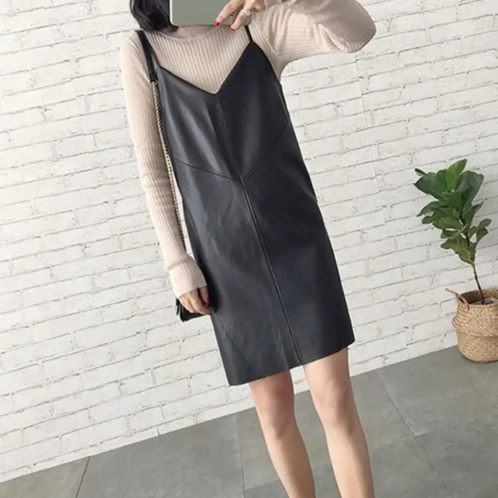 PU Leather Outerwear Dress Sleeveless V Neck Spaghetti Straps Leather Mini Dress Sexy Korean Fashion Dress for Sweater T-shirts