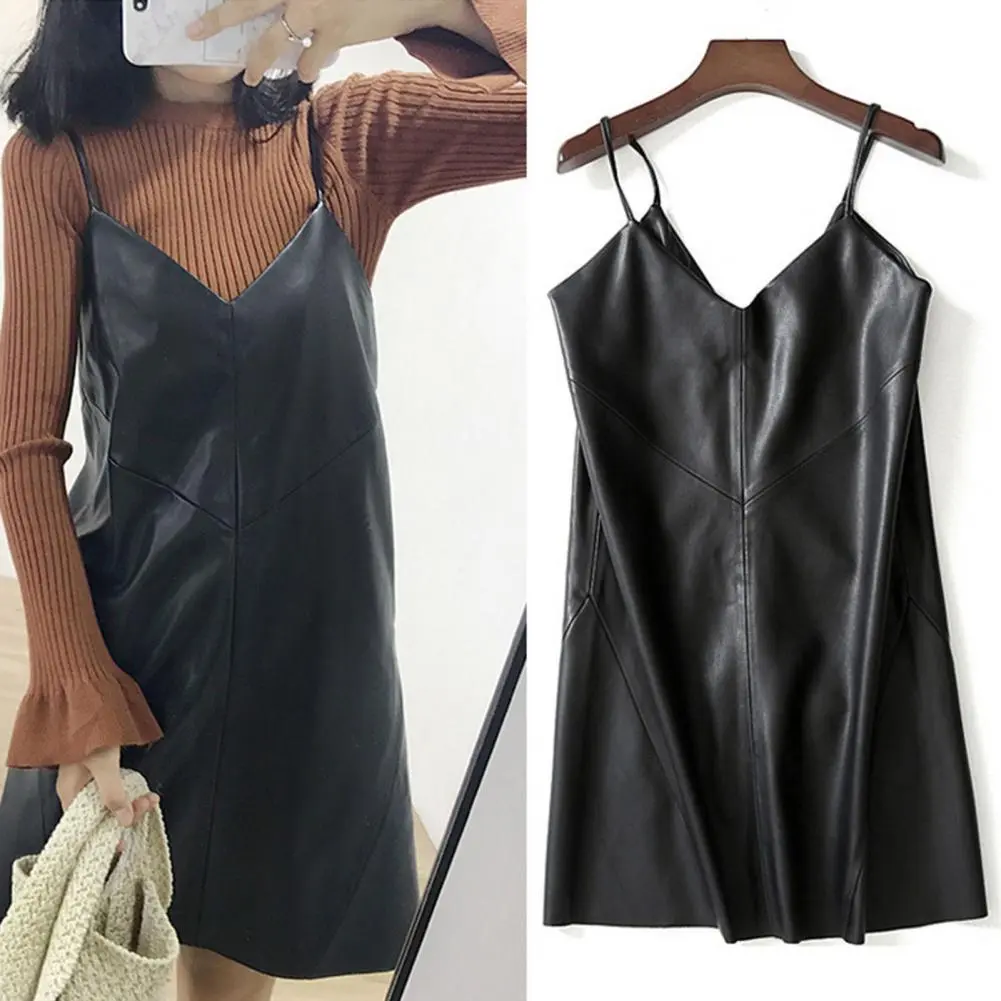 PU Leather Outerwear Dress Sleeveless V Neck Spaghetti Straps Leather Mini Dress Sexy Korean Fashion Dress for Sweater T-shirts