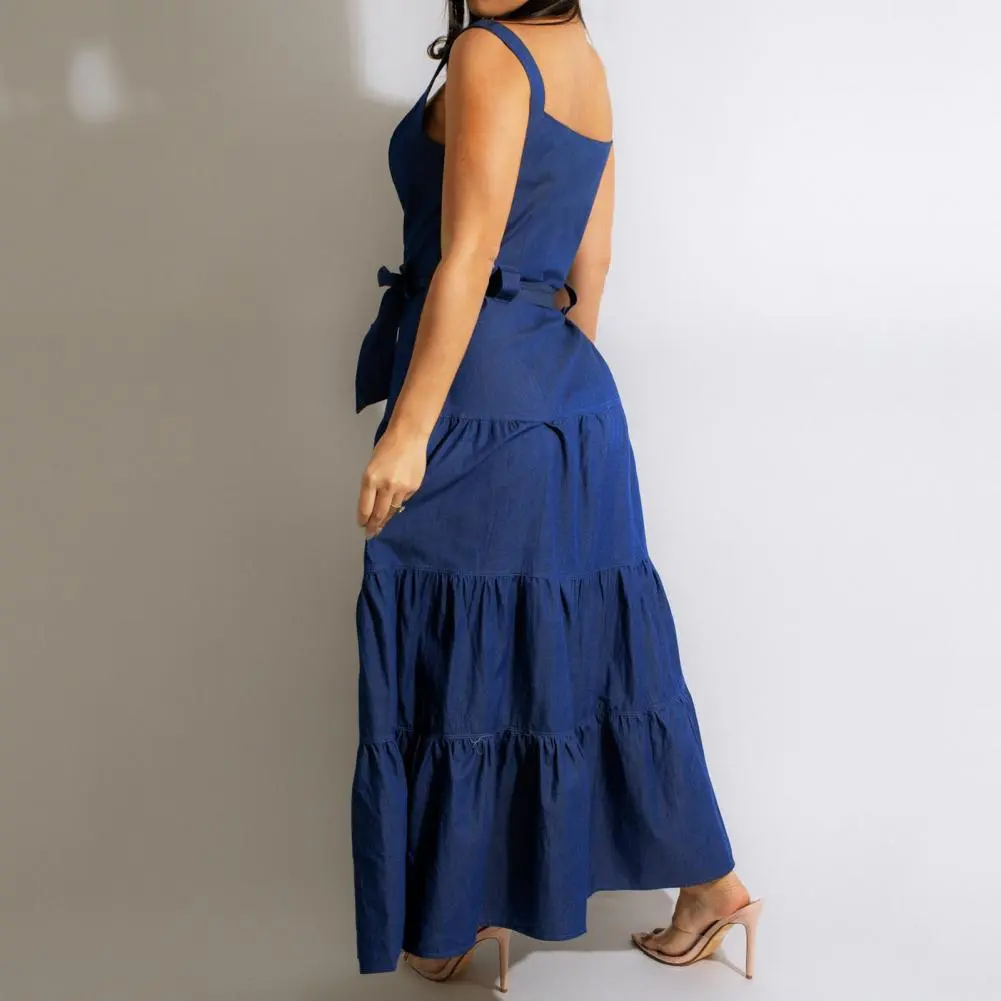 Elegant Square Neck Denim Sleeveless Lace Up Blue Jeans Maxi Dress Evening Dresses Sexy Low Cut Summer Party Dress Robe vestidos