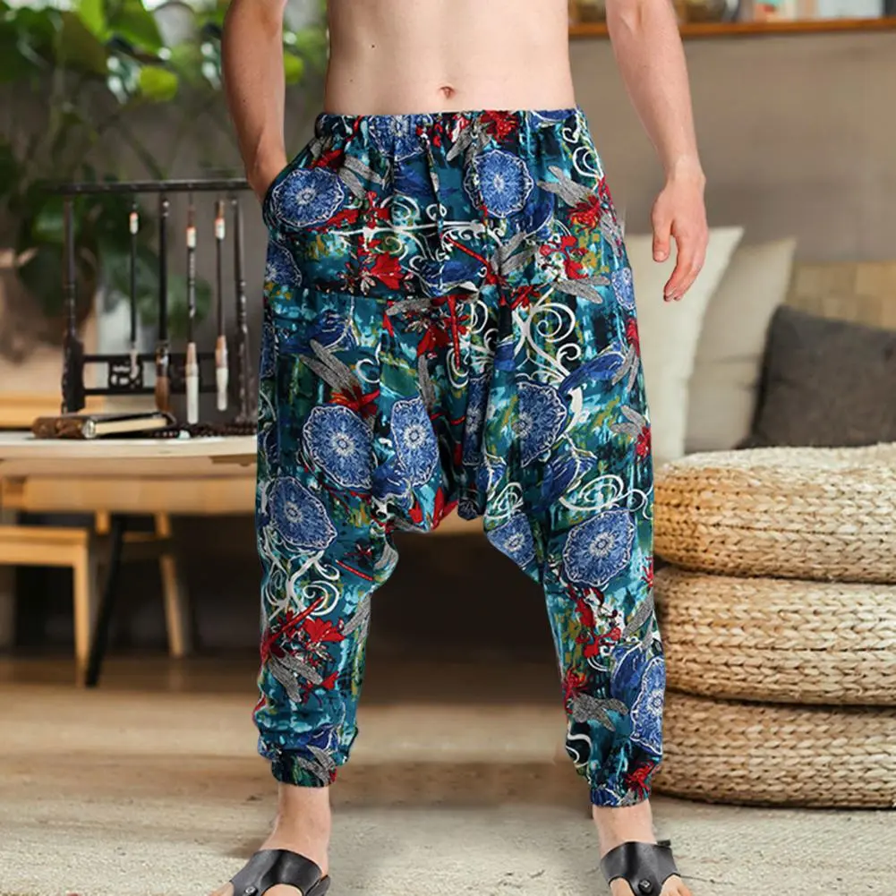 Hip-hop Harem Pants Wide Leg Japanese Loose Men's Baggy Pants Spring Autumn Bohemian Fashion Print Ankle Tied Loose Men Trousers