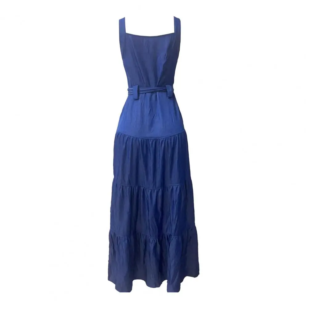 Elegant Square Neck Denim Sleeveless Lace Up Blue Jeans Maxi Dress Evening Dresses Sexy Low Cut Summer Party Dress Robe vestidos