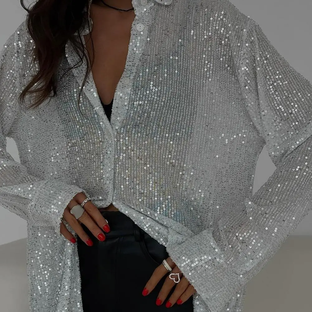 2024 Women Sequined Shirt Sparkling Sequin Embellished Lapel Detail Blouse Long Sleeve Buttons Placket Sexy Party Blouse Shirt
