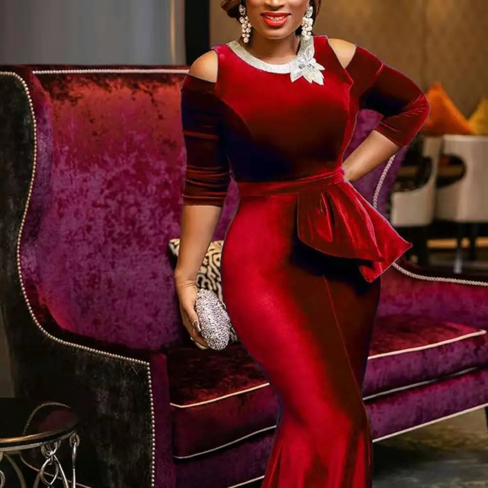 Vintage Velvet Women Gown Dress Elegant Fishtail Hem Floor-Length Slim Fit 3/4 Sleeve Mermaid Maxi Dress Evening Gown Dress