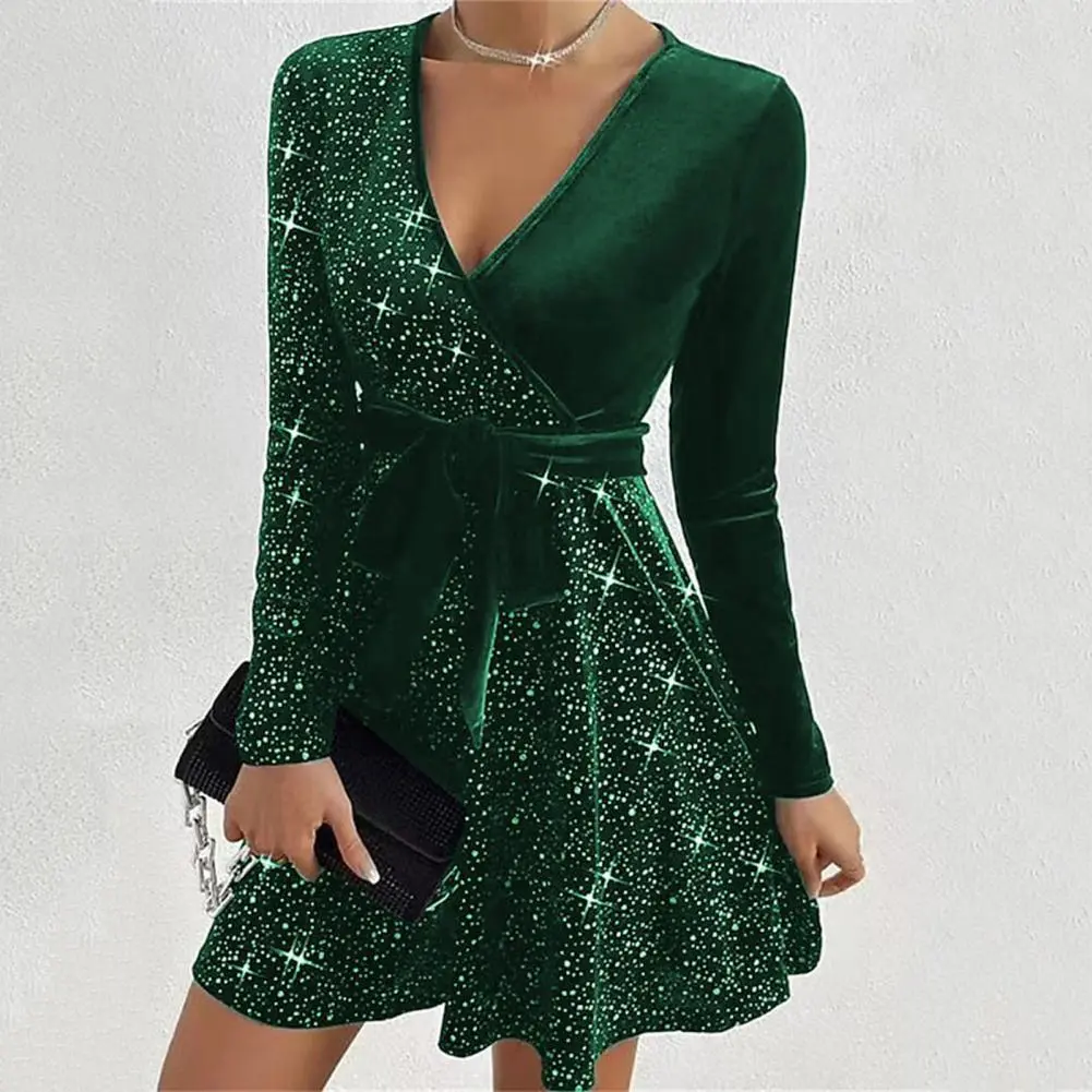 Sequin Embellished Women Mini Dress Shinny Sequins Decor V Neck Lace-up Tight Waist Big Hem Prom Party Evening Dress Lady Gown