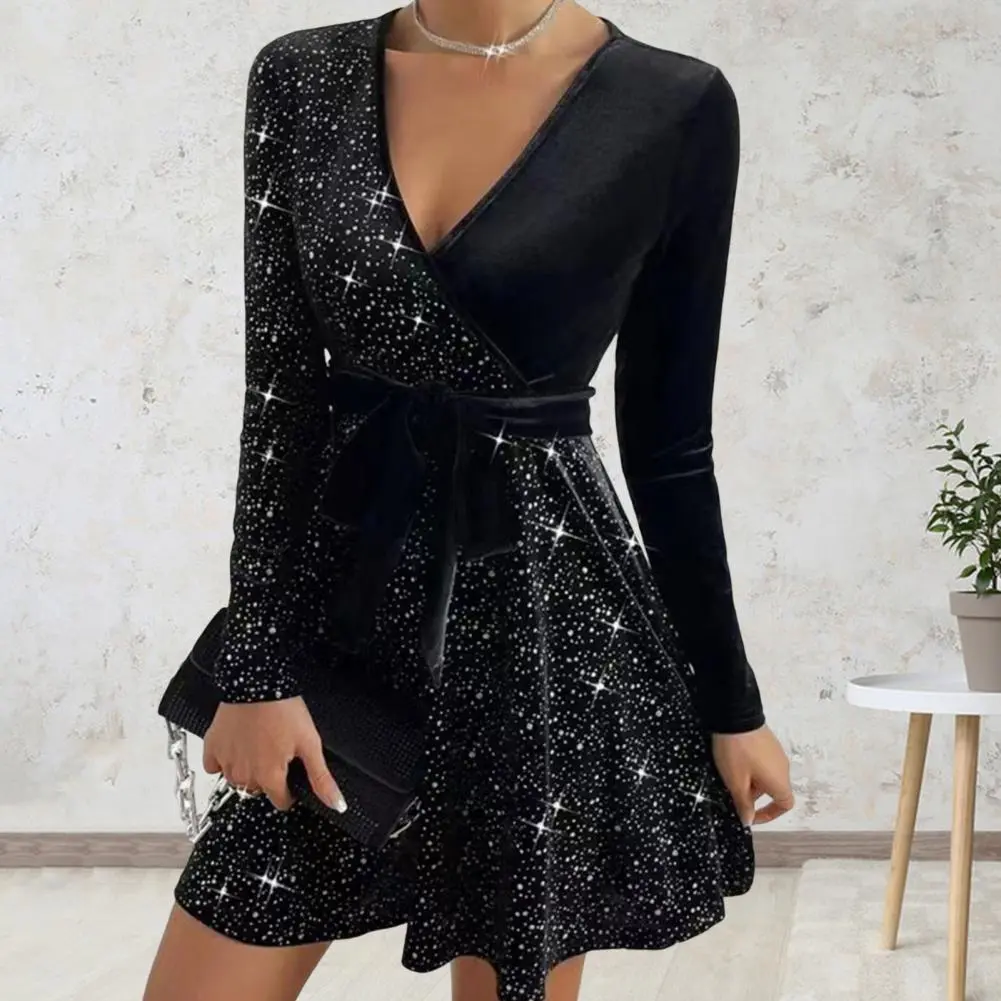 Sequin Embellished Women Mini Dress Shinny Sequins Decor V Neck Lace-up Tight Waist Big Hem Prom Party Evening Dress Lady Gown