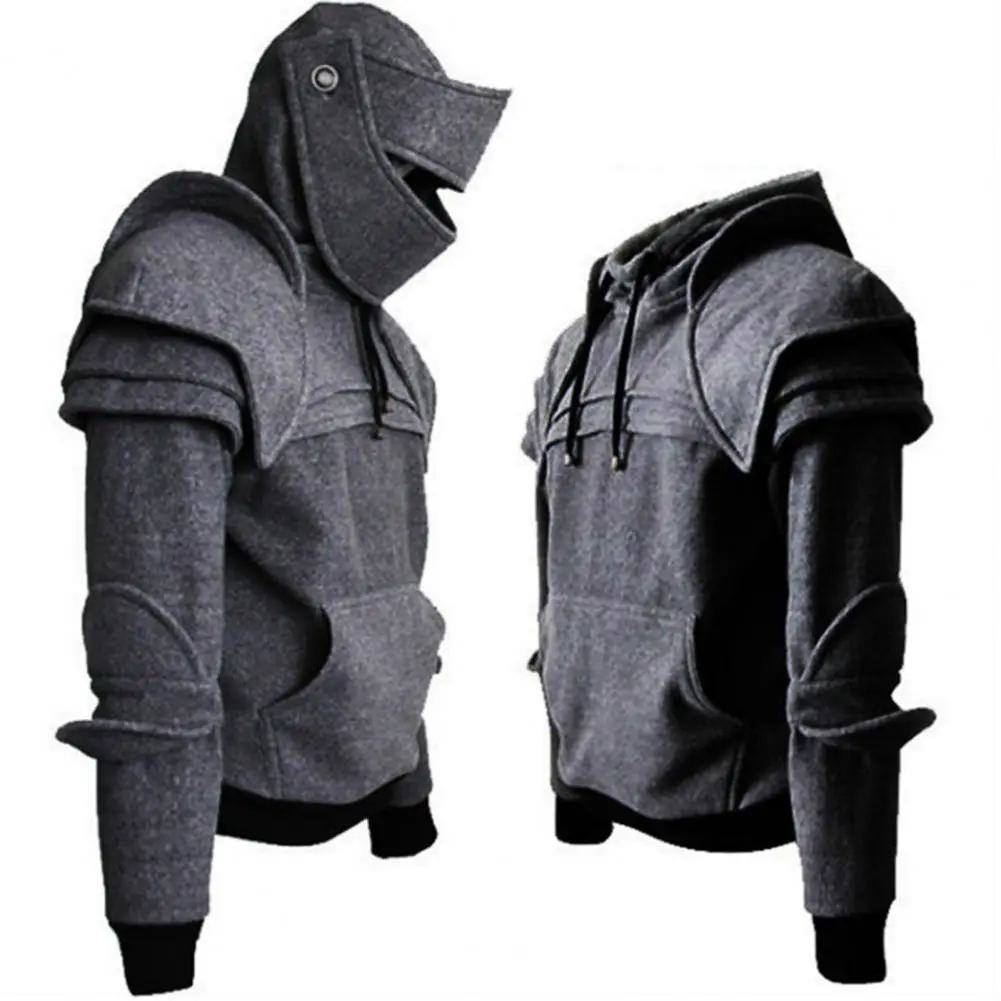 High Street Hoodie with Face Cover Men Retro Medieval Front Pocket Pullover Hoodie Casual Gothic Hooded Sweatshirt Streetwear