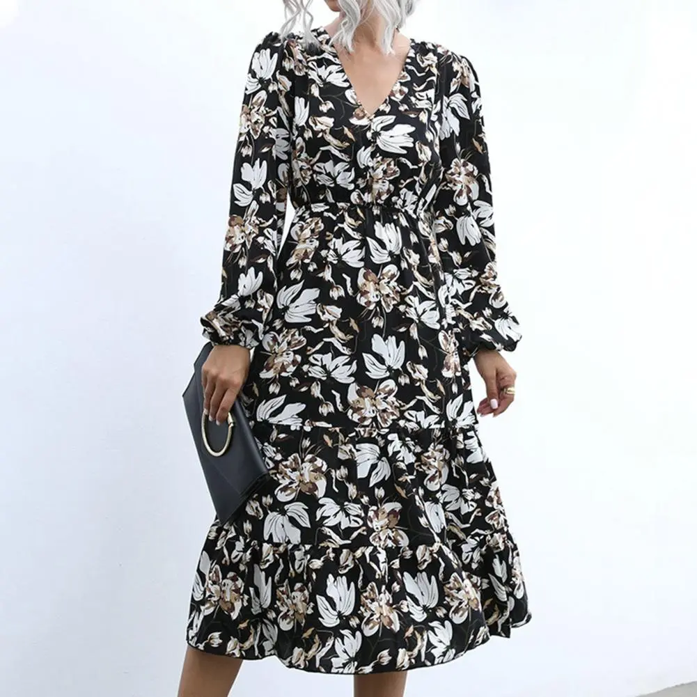 Spring A-Line Floral Dress Elegant A-Line Floral Print Long Bohemian Maxi Dresses For Women 2022 Long Sleeve Beach Outfits Robe