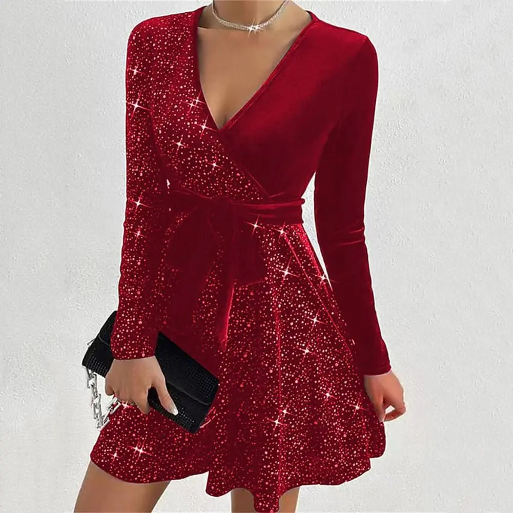 Sequin Embellished Women Mini Dress Shinny Sequins Decor V Neck Lace-up Tight Waist Big Hem Prom Party Evening Dress Lady Gown