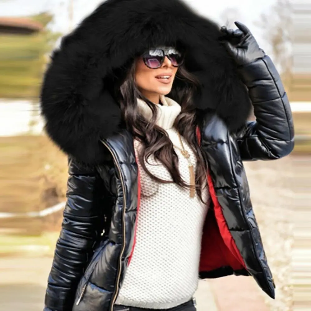 Hooded Down Cotton Jacket Short Hiking Outdoor Jacket Women Autumn Winter Faux Fur Hood Zipper Warm Down Coat Outdoor Parka