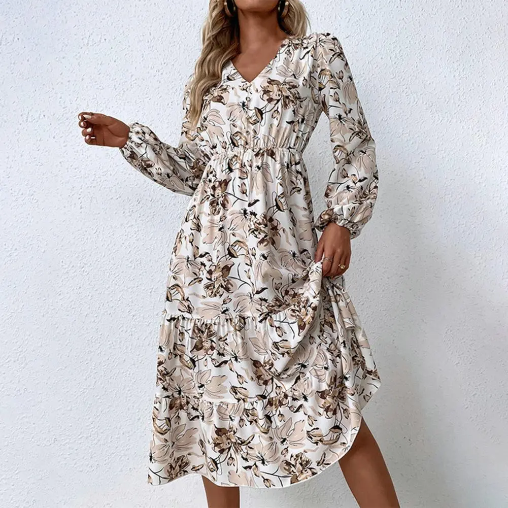 Spring A-Line Floral Dress Elegant A-Line Floral Print Long Bohemian Maxi Dresses For Women 2022 Long Sleeve Beach Outfits Robe