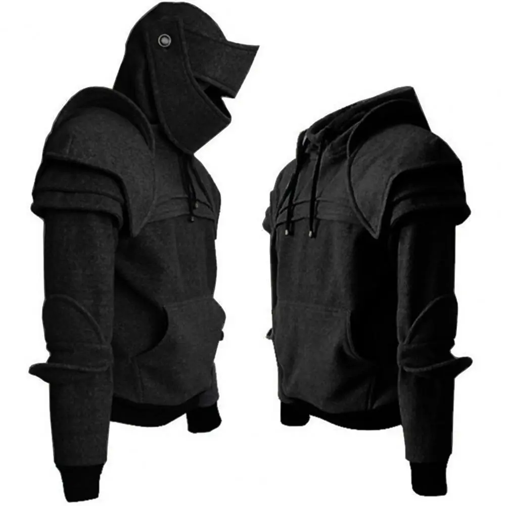 High Street Hoodie with Face Cover Men Retro Medieval Front Pocket Pullover Hoodie Casual Gothic Hooded Sweatshirt Streetwear