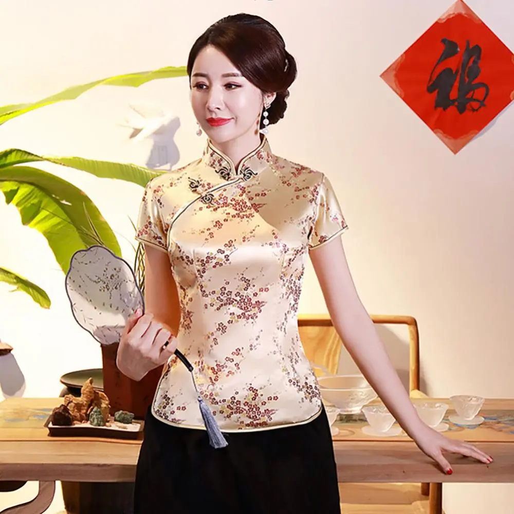 Slim Blouse Shirt Vintage Women Chinese Plum Blossom Short Sleeve Stand Collar Buttons Ethnic Style Plum Blossom Printed Blouse