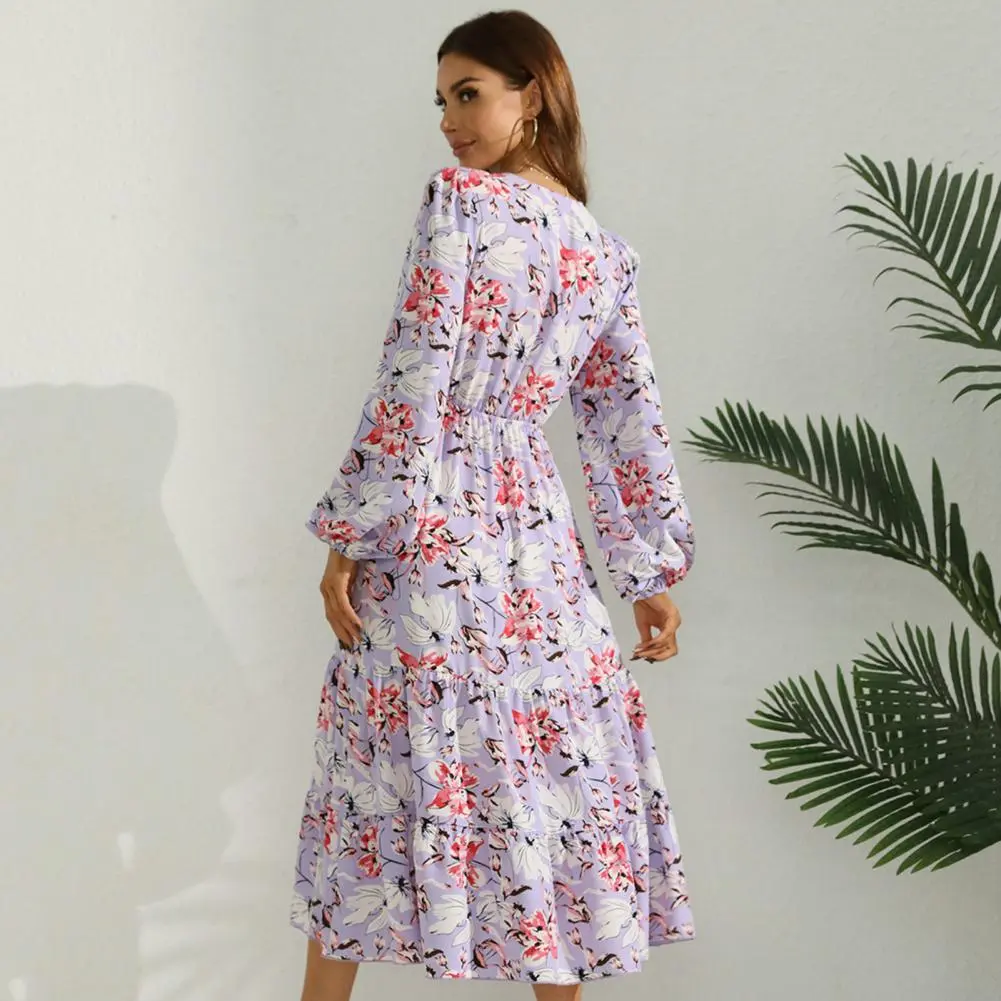 Spring A-Line Floral Dress Elegant A-Line Floral Print Long Bohemian Maxi Dresses For Women 2022 Long Sleeve Beach Outfits Robe
