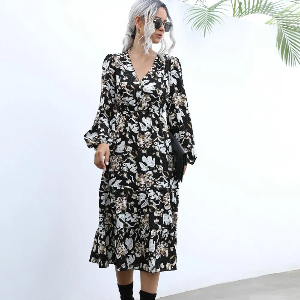 Spring A-Line Floral Dress Elegant A-Line Floral Print Long Bohemian Maxi Dresses For Women 2022 Long Sleeve Beach Outfits Robe