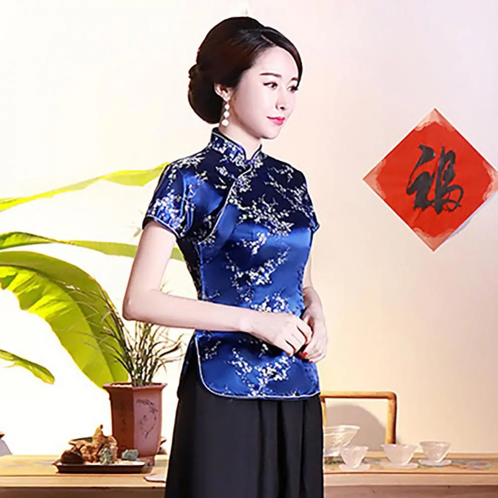 Slim Blouse Shirt Vintage Women Chinese Plum Blossom Short Sleeve Stand Collar Buttons Ethnic Style Plum Blossom Printed Blouse
