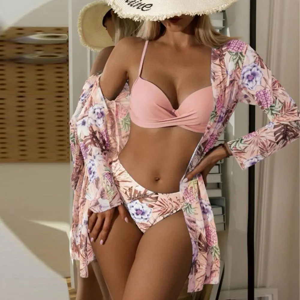 Women Cover-ups Bikini Set Floral Print Bathing Suits Three-Piece Push Up Bikini Set Summer Sexy Swimwear Beachwear Bathing Suit