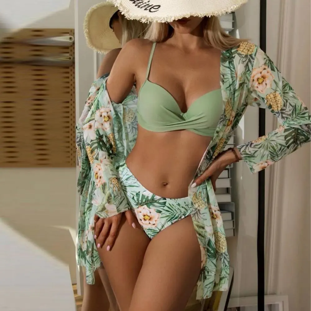 Women Cover-ups Bikini Set Floral Print Bathing Suits Three-Piece Push Up Bikini Set Summer Sexy Swimwear Beachwear Bathing Suit