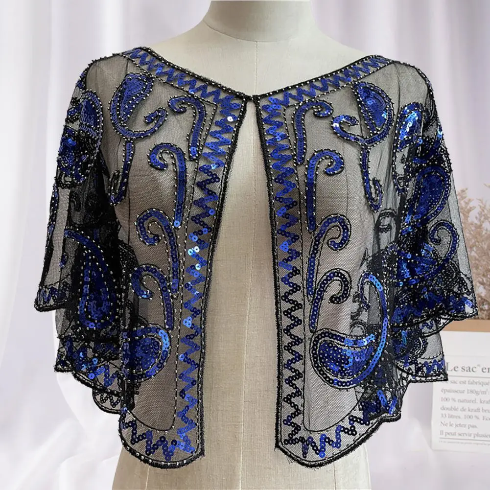 Shiny Sequins Women Shawl Wraps Elegant See Through Shiny Cover Up Spring Autumn Mesh Cape Coat Party Wedding Banquet Shawl Wrap