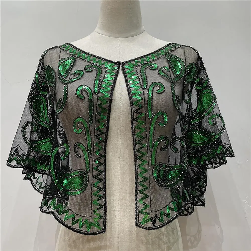 Shiny Sequins Women Shawl Wraps Elegant See Through Shiny Cover Up Spring Autumn Mesh Cape Coat Party Wedding Banquet Shawl Wrap
