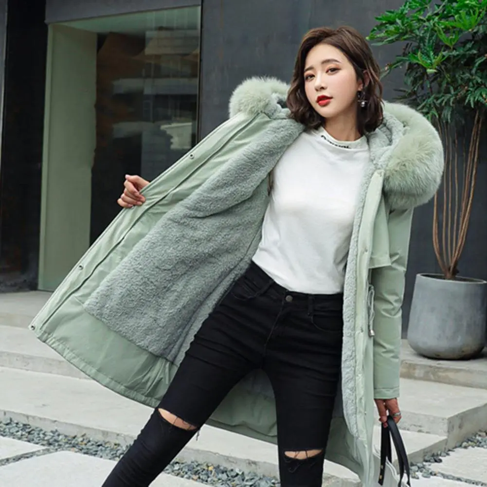 Winter Windbreaker Fur Collar Waist Drawstring Women Parka Faux Fur Hooded Fleece Lined Padded Winter Jacket fort Women Coat