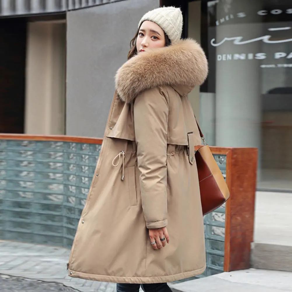 Winter Windbreaker Fur Collar Waist Drawstring Women Parka Faux Fur Hooded Fleece Lined Padded Winter Jacket fort Women Coat