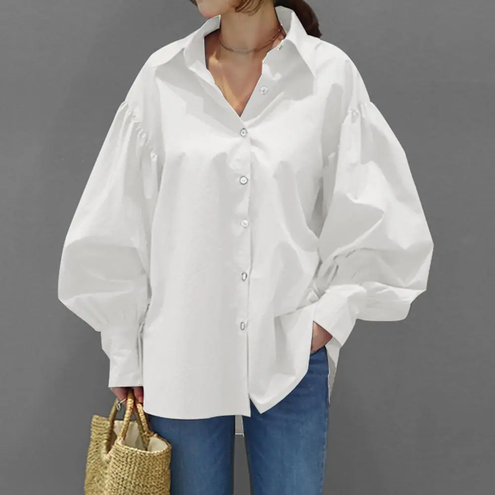 Turn-down Collar Long Sleeve Single Breasted Loose Shirt Spring Autumn Women Shirt Lantern Sleeve Women Shirt Blouse