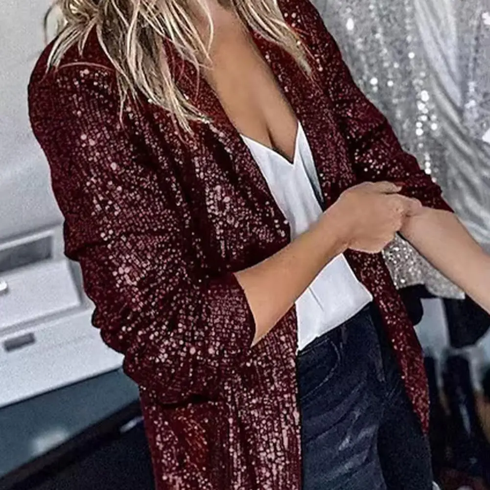 Sparkling Sequin Jacket Shiny Sequins Women Suit Coat Long Sleeve O Neck Coats 2025 Open Front  Casual Spring Lapel Cardigan