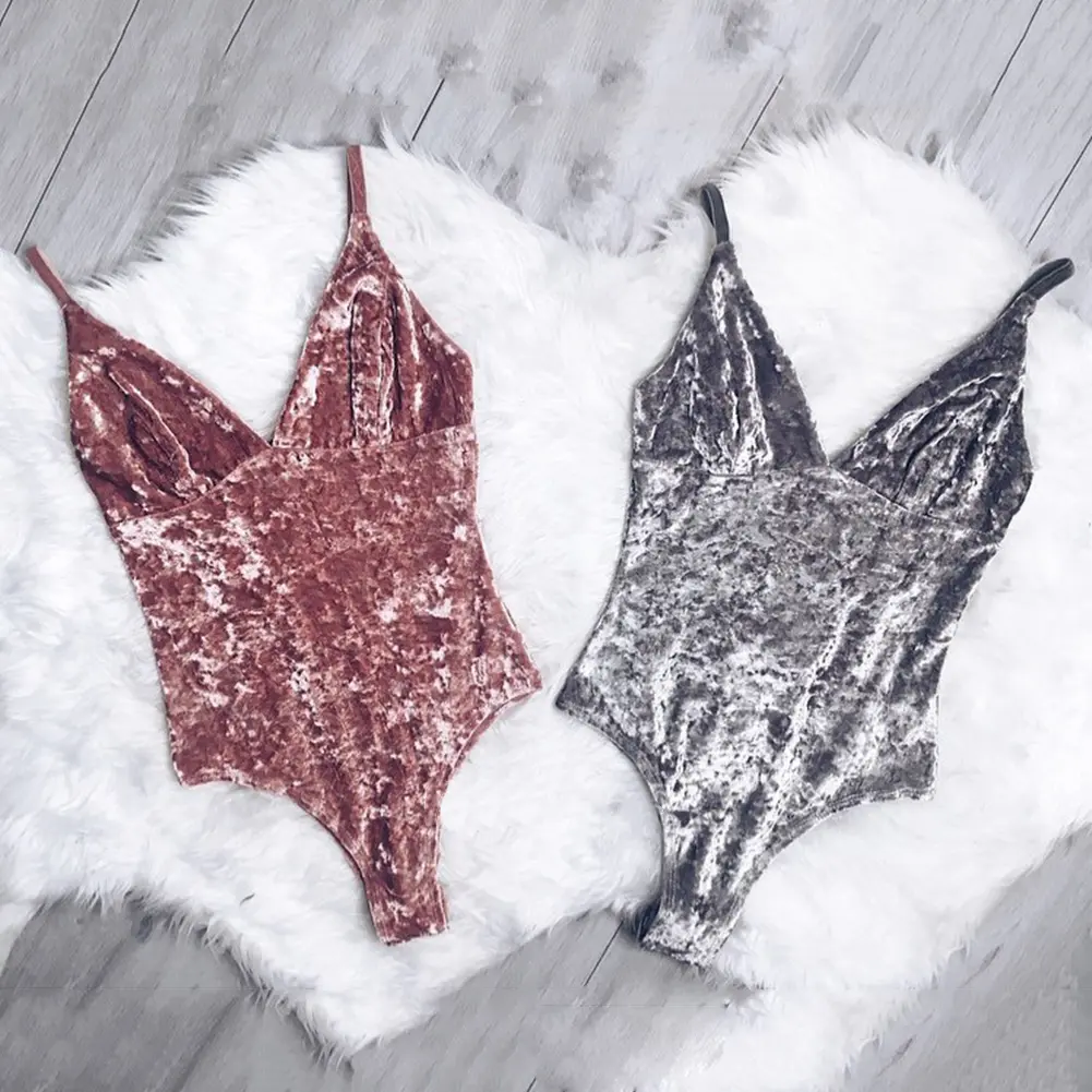 Sexy Bodysuit Women V Neck Crushed Velvet Bodysuit Body Leotard Tops Ladies Vest Jumpsuit Clubwear Autumn woman clothes
