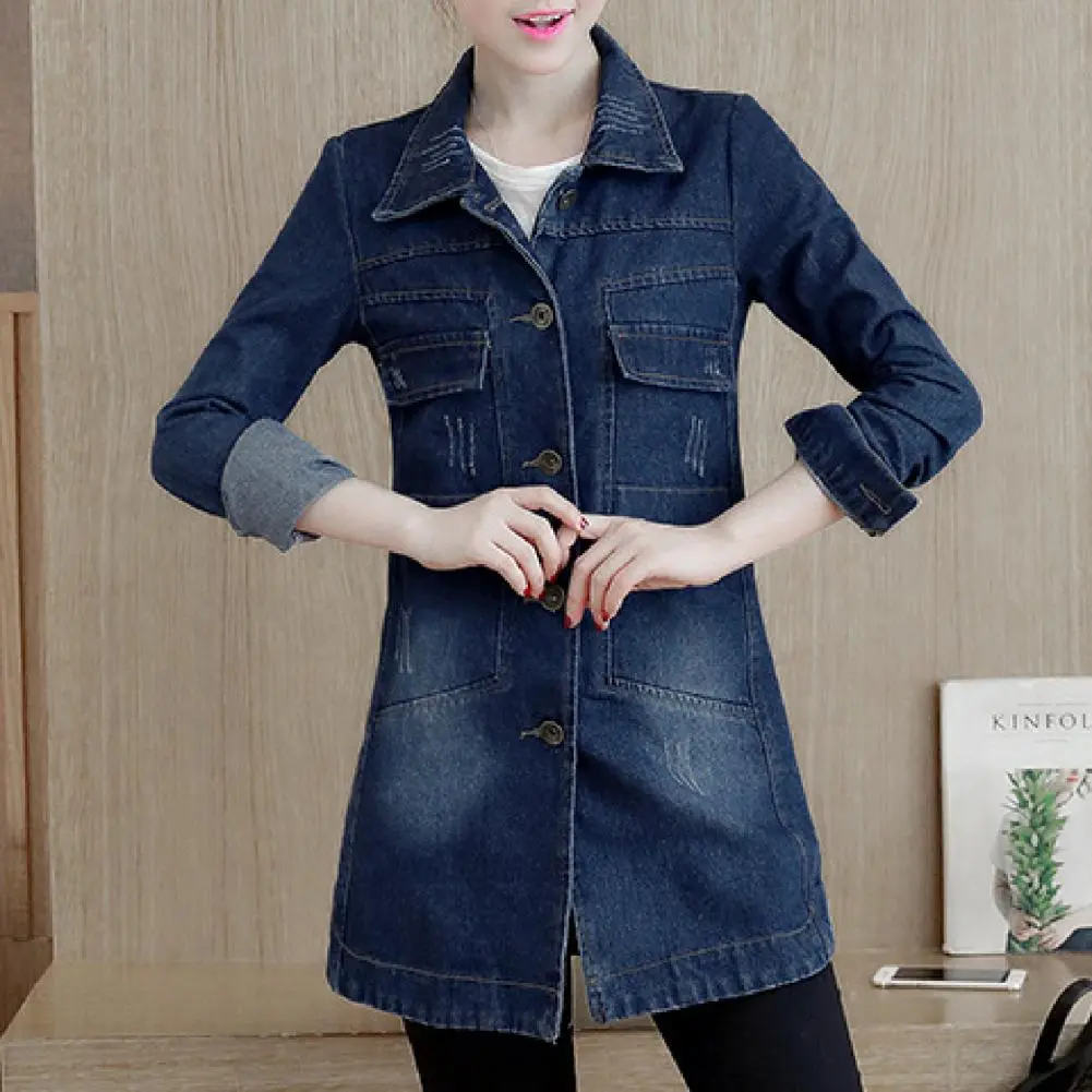 Women Denim Coat Irregular Hem Denim Jacket Turn Down Collar Flap Pockets Single Breasted Buttons Cuff Spring Lady Denim Jacket