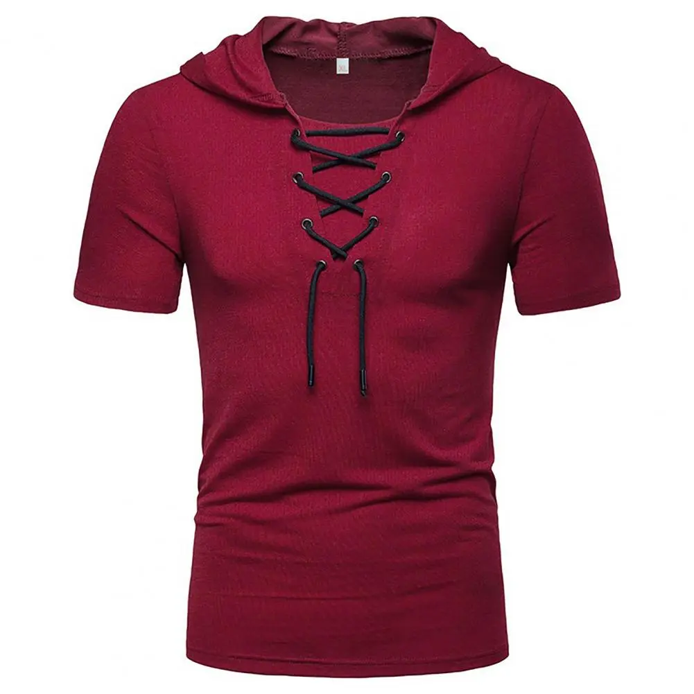 Anti-shrink Summer T-shirt Men T-shirt Lace-up Bandage Strap Men T-shirt Breathable Casual Summer Pullover Student Shirt Men Top