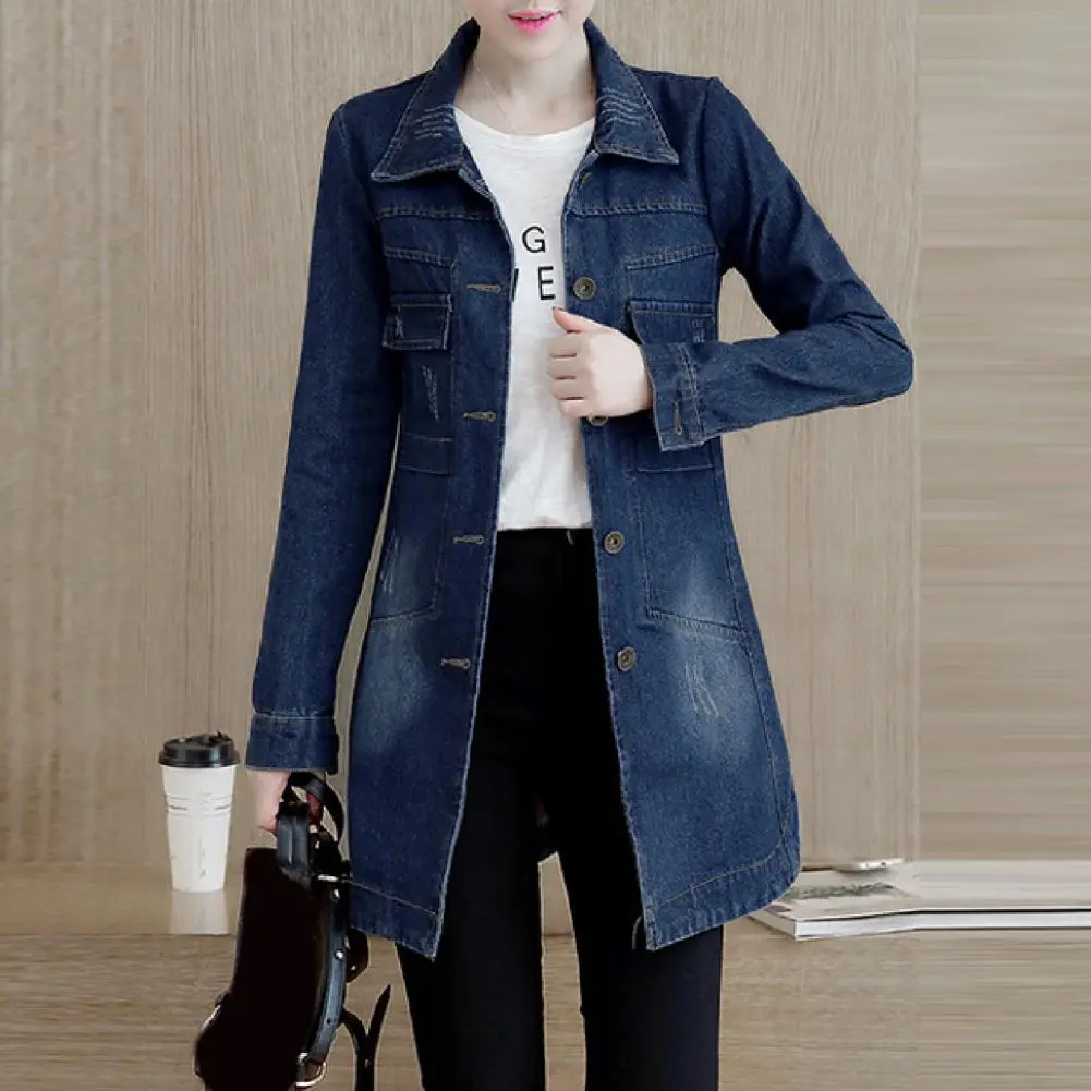 Women Denim Coat Irregular Hem Denim Jacket Turn Down Collar Flap Pockets Single Breasted Buttons Cuff Spring Lady Denim Jacket