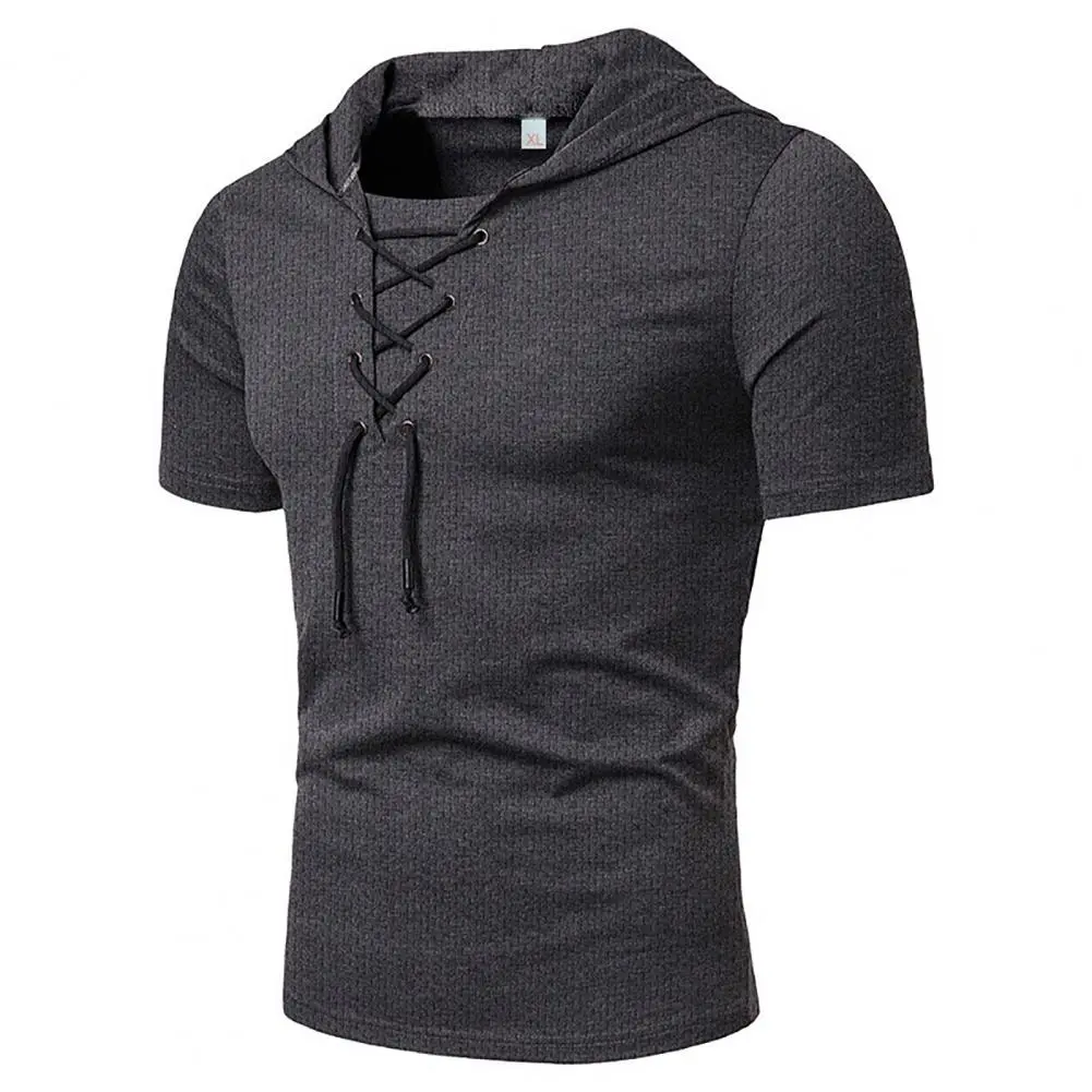 Anti-shrink Summer T-shirt Men T-shirt Lace-up Bandage Strap Men T-shirt Breathable Casual Summer Pullover Student Shirt Men Top