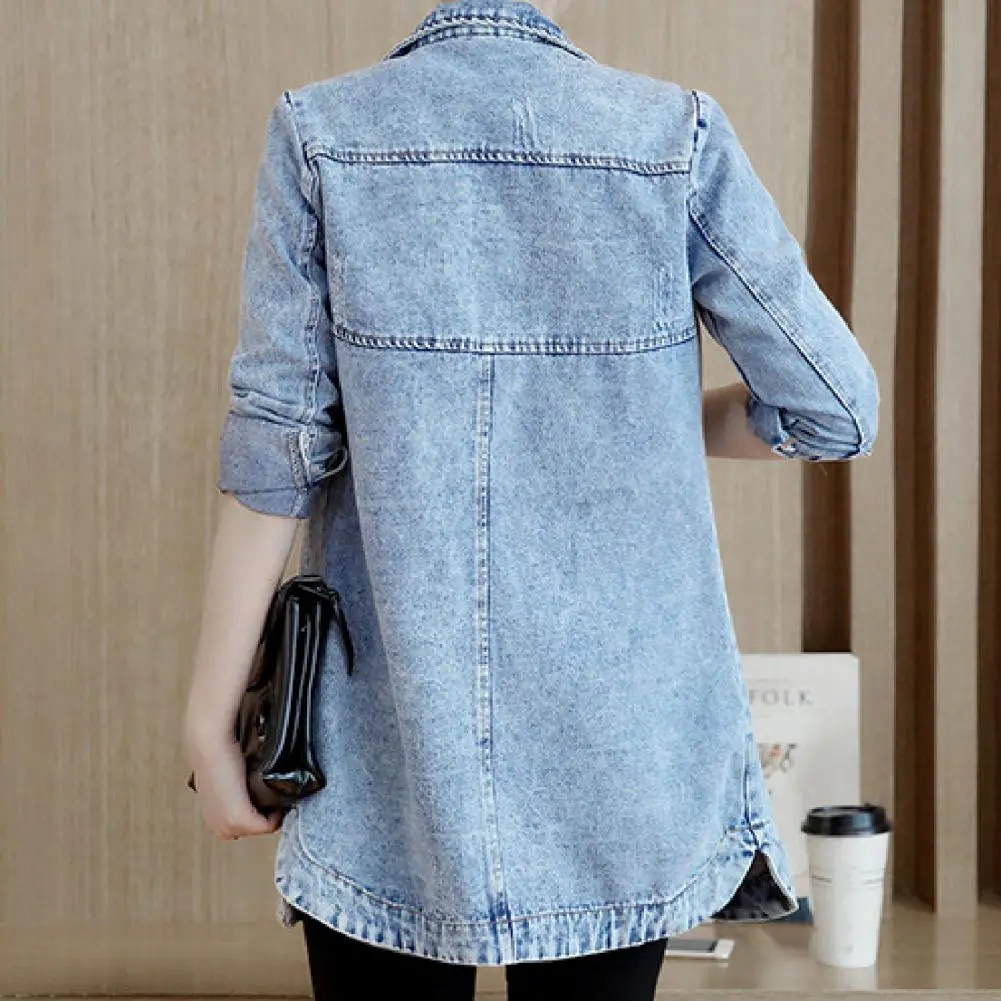 Women Denim Coat Irregular Hem Denim Jacket Turn Down Collar Flap Pockets Single Breasted Buttons Cuff Spring Lady Denim Jacket